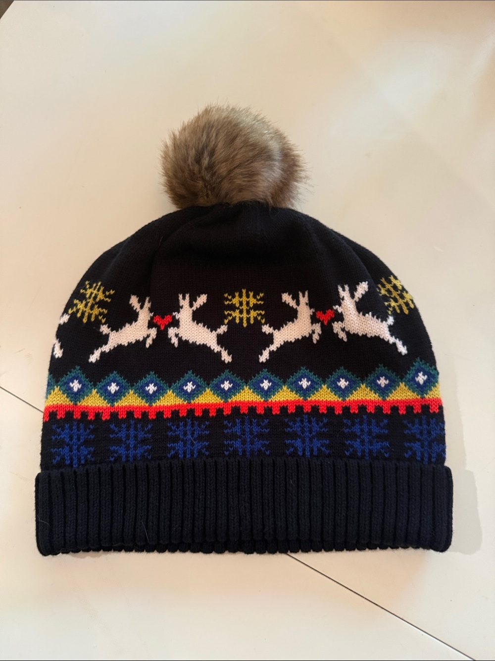 Hanna Andersson Navy Knit Pom Beanie with Reindeer Motif